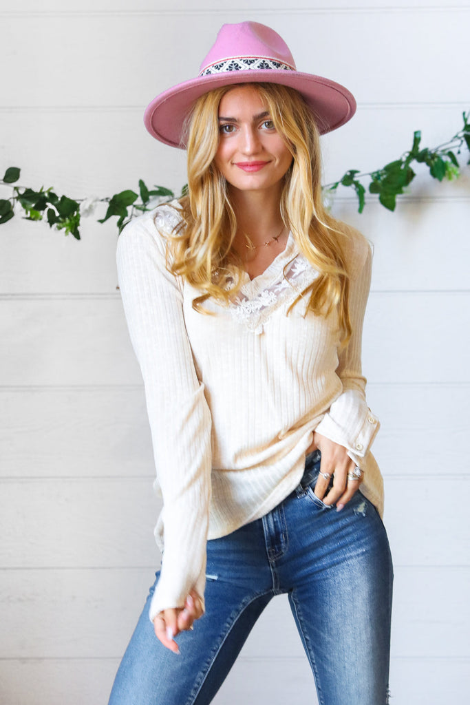 Cream Rib Lace V Neck Button Detail Top-Timber Brooke Boutique, Online Women's Fashion Boutique in Amarillo, Texas