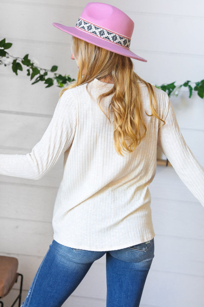 Cream Rib Lace V Neck Button Detail Top-Timber Brooke Boutique, Online Women's Fashion Boutique in Amarillo, Texas