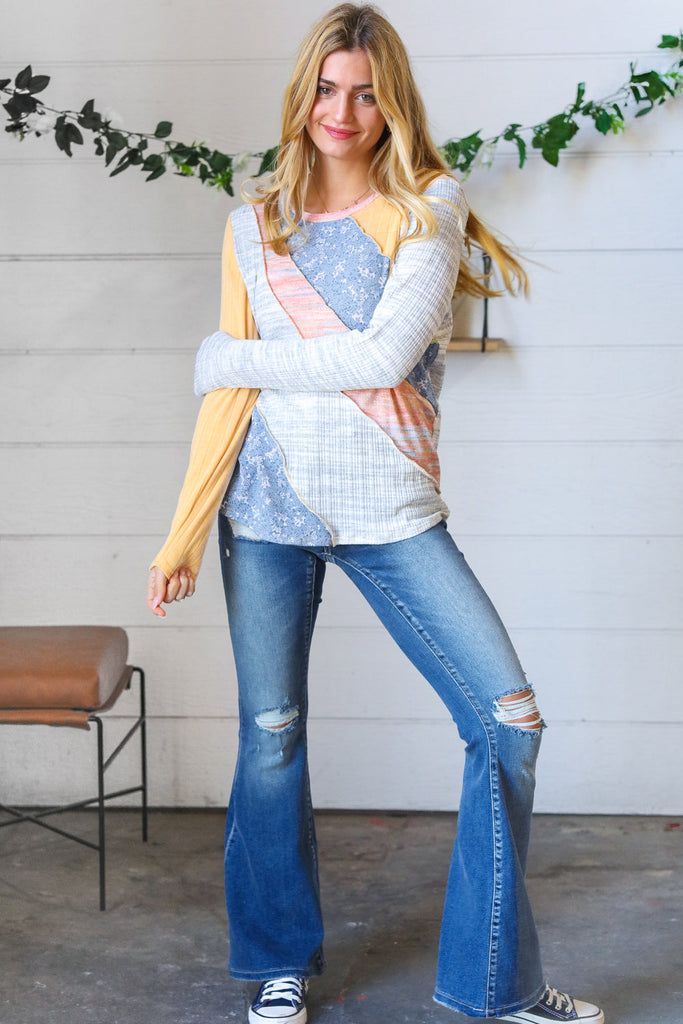 Floral Color Block Rib Terry Out Seam Stitch Detail Pullover-Timber Brooke Boutique, Online Women's Fashion Boutique in Amarillo, Texas