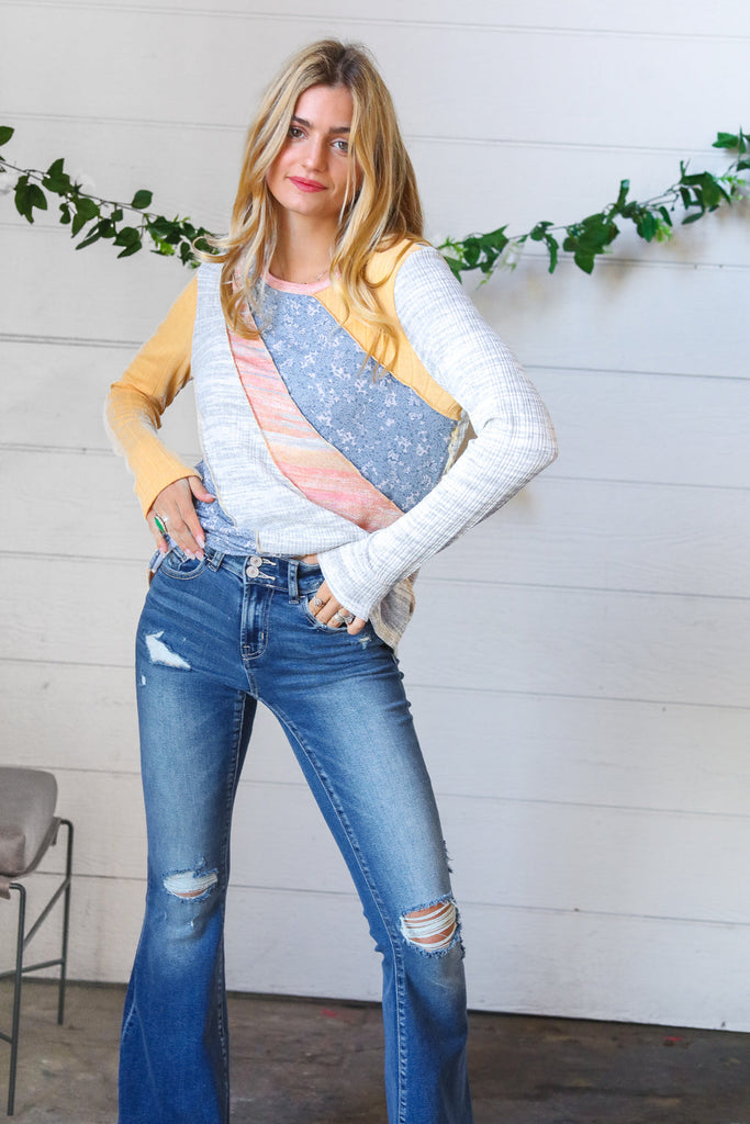 Floral Color Block Rib Terry Out Seam Stitch Detail Pullover-Timber Brooke Boutique, Online Women's Fashion Boutique in Amarillo, Texas