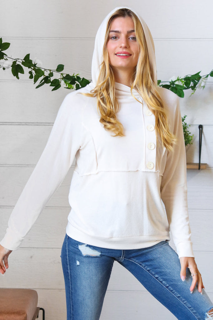 Cream French Terry Button Down Outseam Hoodie-Timber Brooke Boutique, Online Women's Fashion Boutique in Amarillo, Texas