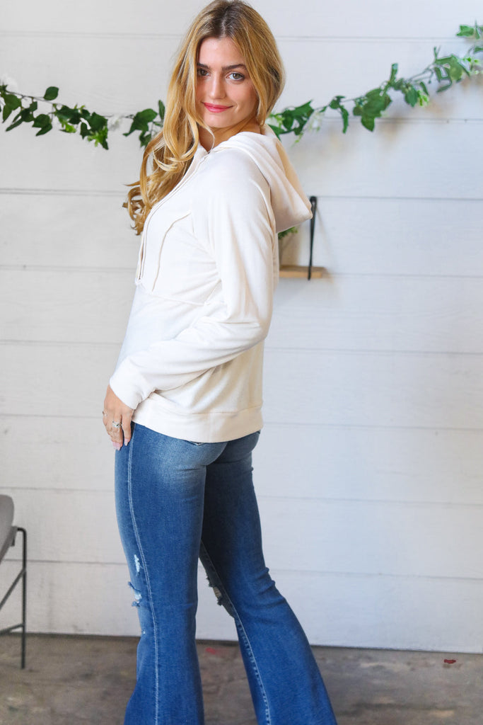 Cream French Terry Button Down Outseam Hoodie-Timber Brooke Boutique, Online Women's Fashion Boutique in Amarillo, Texas