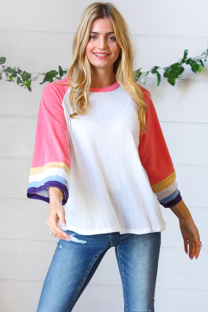 Pink Pointelle Color Block Wide Sleeve Pullover-Timber Brooke Boutique, Online Women's Fashion Boutique in Amarillo, Texas