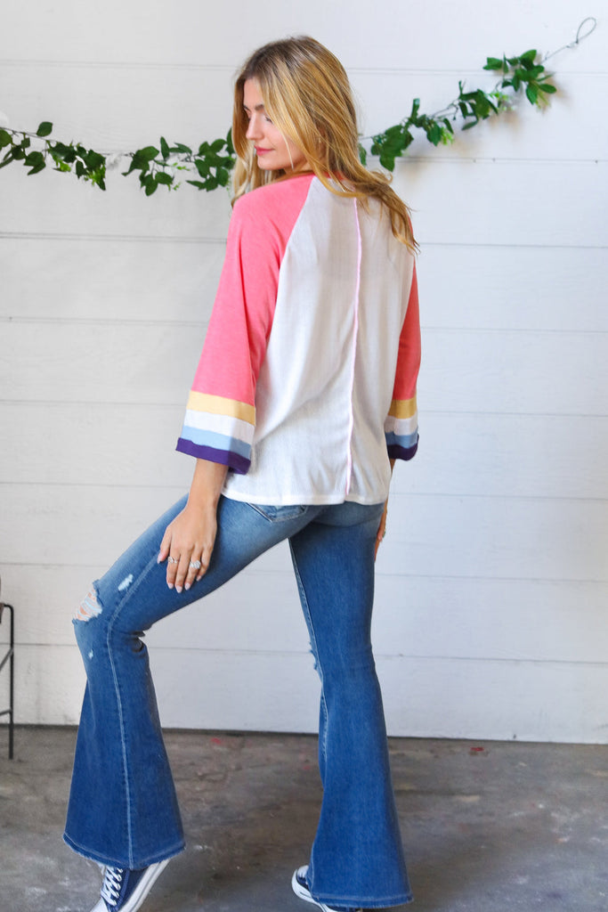 Pink Pointelle Color Block Wide Sleeve Pullover-Timber Brooke Boutique, Online Women's Fashion Boutique in Amarillo, Texas