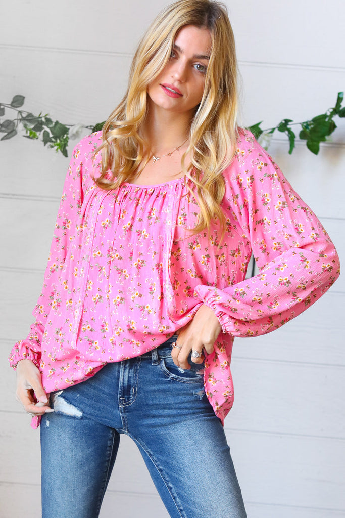 Pink Floral Overlock Sash Tie Back Top-Timber Brooke Boutique, Online Women's Fashion Boutique in Amarillo, Texas