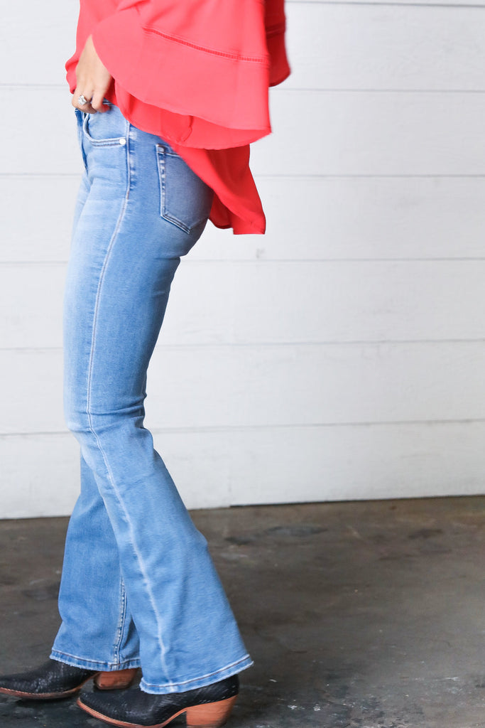 Light Wash Cotton High Rise Bell Bottom Denim Jeans-Timber Brooke Boutique, Online Women's Fashion Boutique in Amarillo, Texas