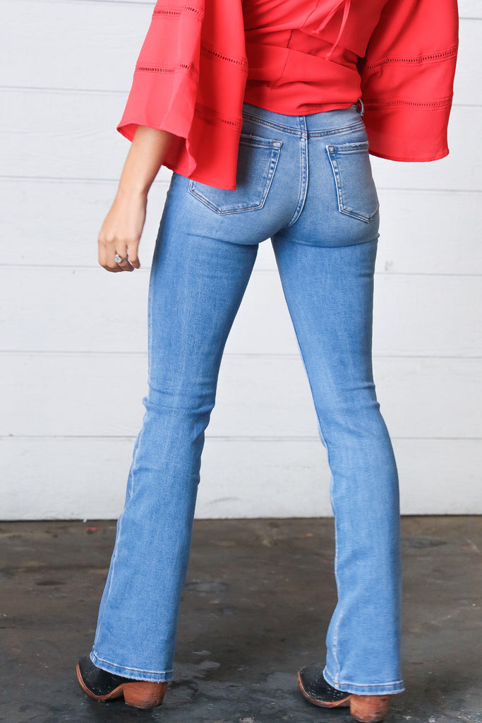 Light Wash Cotton High Rise Bell Bottom Denim Jeans-Timber Brooke Boutique, Online Women's Fashion Boutique in Amarillo, Texas