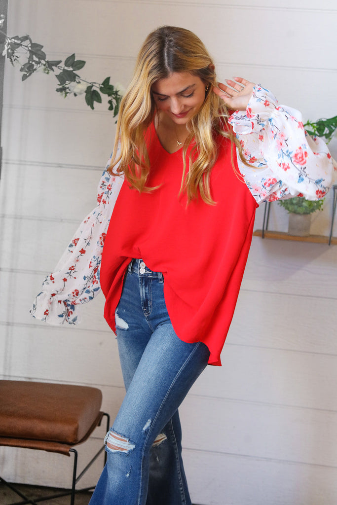 Red Chiffon Foiled Floral Thread Ruffle Sleeve Blouse-Timber Brooke Boutique, Online Women's Fashion Boutique in Amarillo, Texas