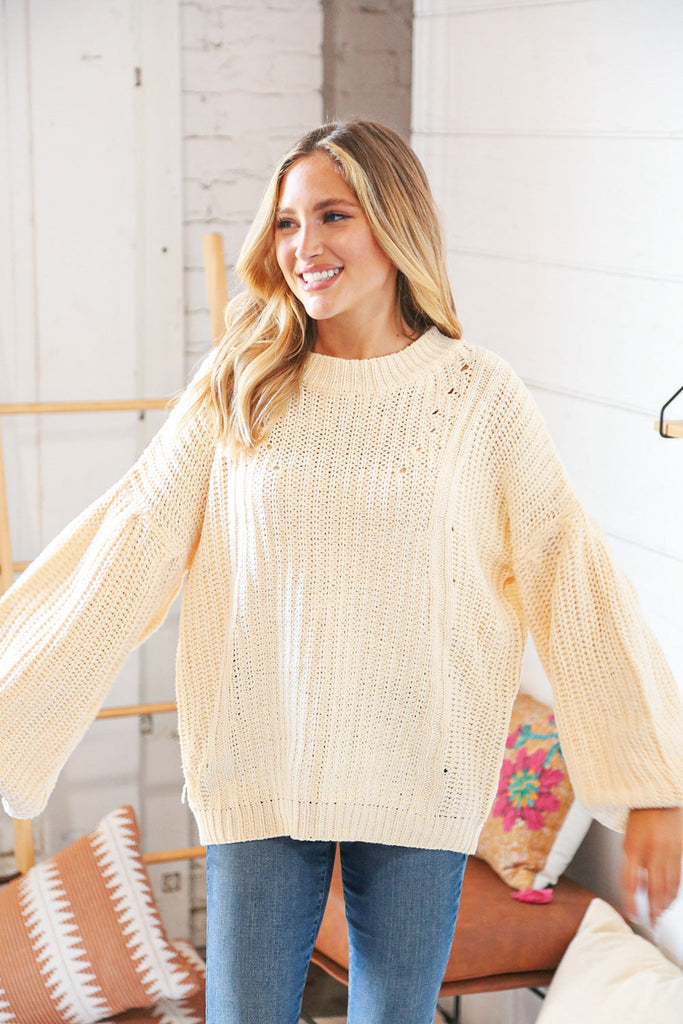 Cream Round Neck Bubble Sleeve Loose Fit Sweater-Timber Brooke Boutique, Online Women's Fashion Boutique in Amarillo, Texas