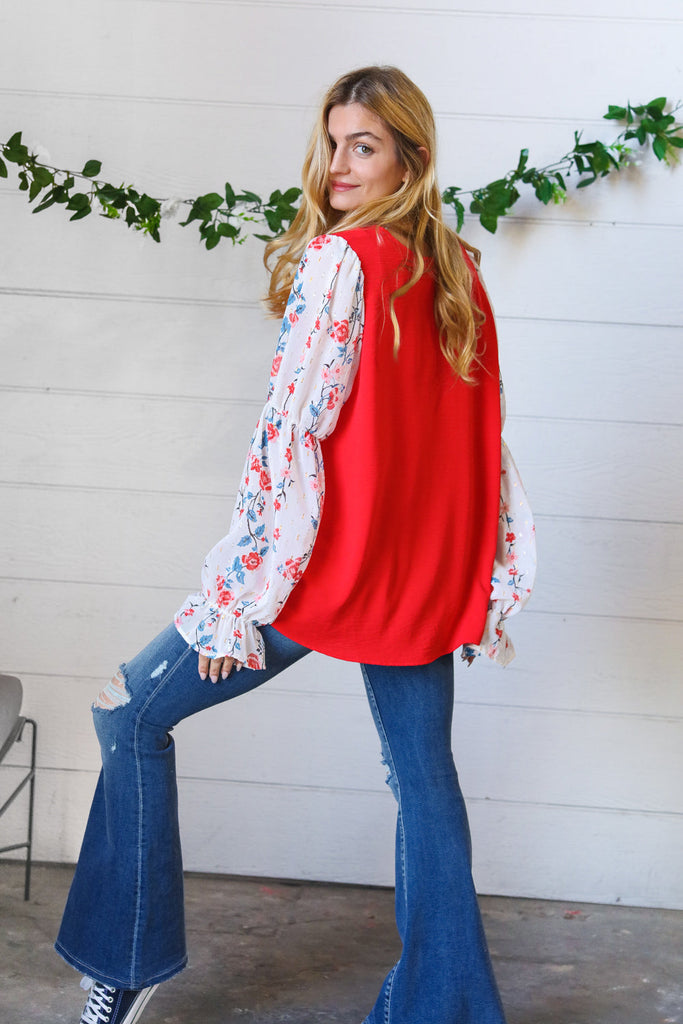 Red Chiffon Foiled Floral Thread Ruffle Sleeve Blouse-Timber Brooke Boutique, Online Women's Fashion Boutique in Amarillo, Texas