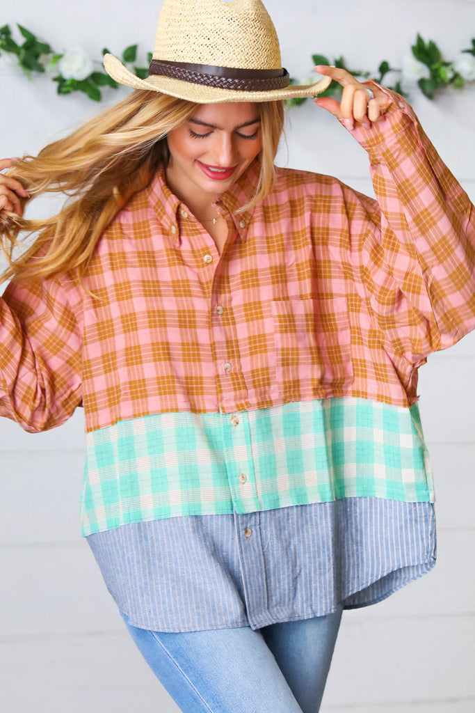 Rose Gold Cotton Linen Plaid Stripe Color Block Shirt-Timber Brooke Boutique, Online Women's Fashion Boutique in Amarillo, Texas