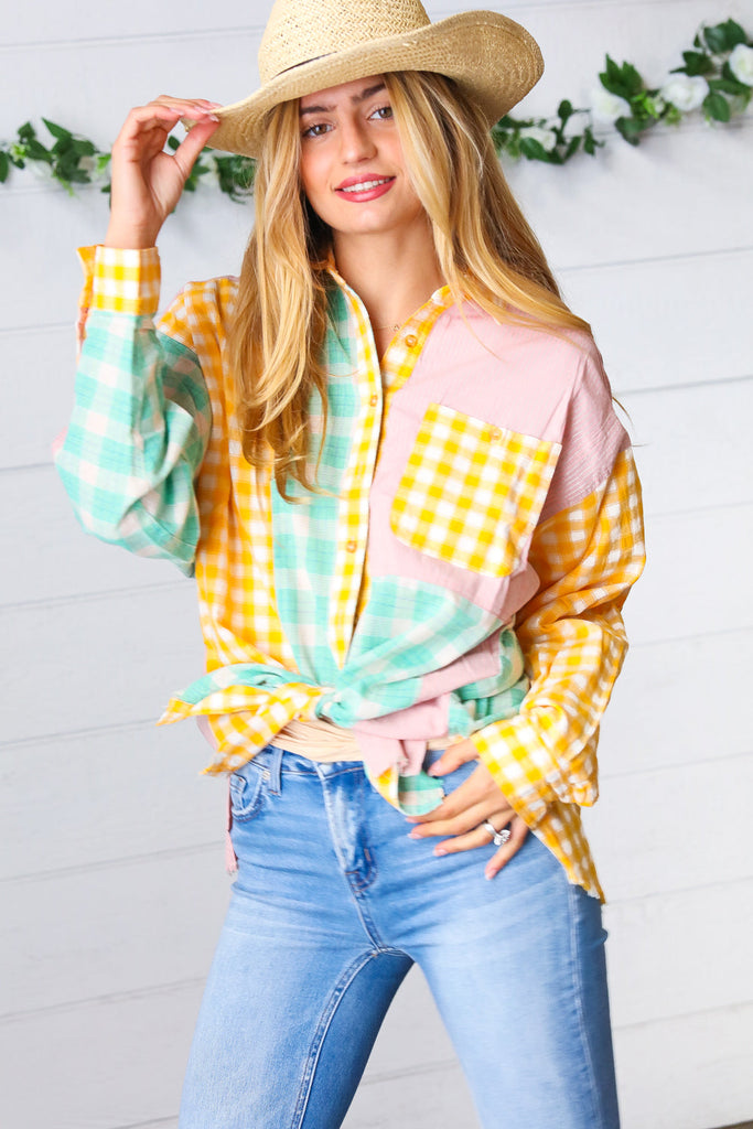 Mint & Pink Cotton Plaid Check Baby Doll Raglan Shirt-Timber Brooke Boutique, Online Women's Fashion Boutique in Amarillo, Texas