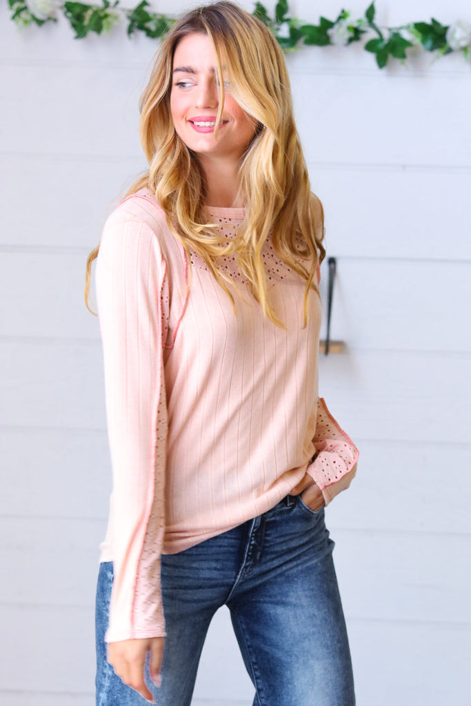 Peach Wide Rib Knit Eyelet Yoke Top-Long Sleeve Tops-Timber Brooke Boutique, Online Women's Fashion Boutique in Amarillo, Texas
