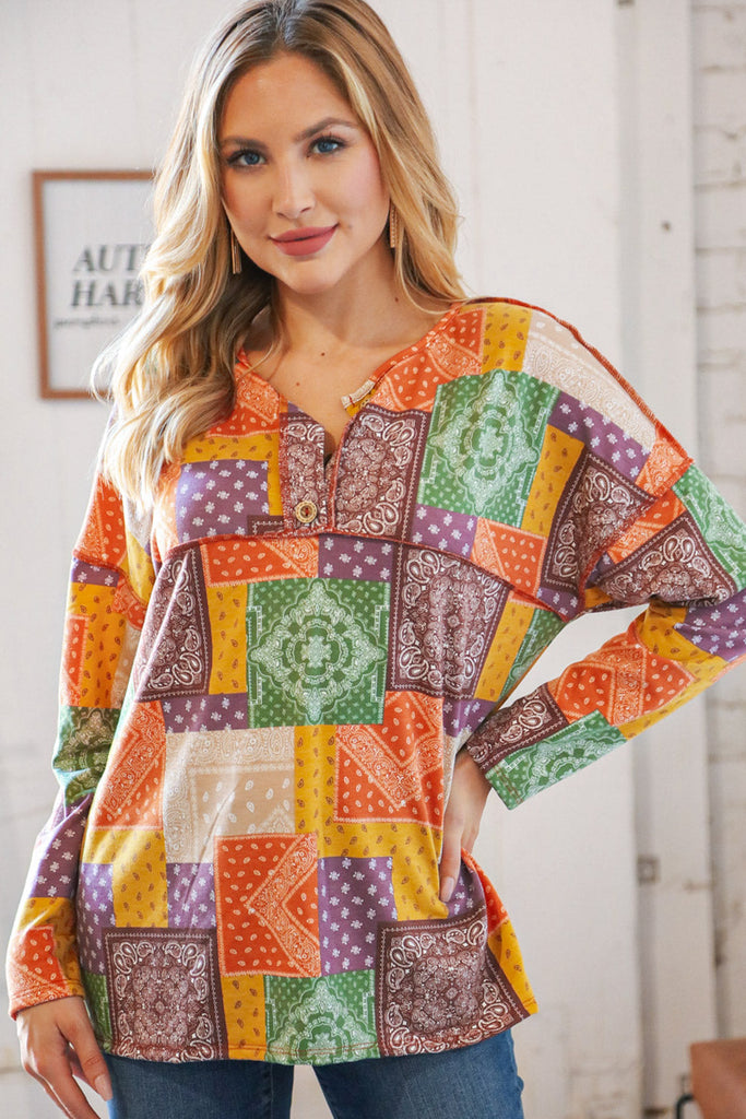 Multicolor Patchwork Button Down Terry Outseam Top-Timber Brooke Boutique, Online Women's Fashion Boutique in Amarillo, Texas
