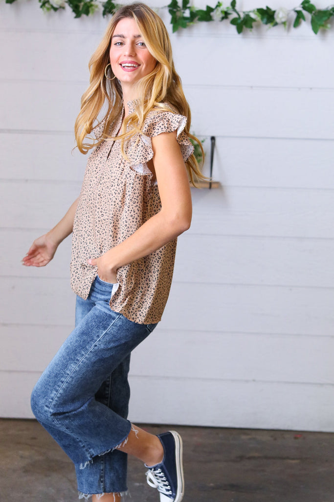 Taupe Animal Print Smocked Button Down Top-Timber Brooke Boutique, Online Women's Fashion Boutique in Amarillo, Texas