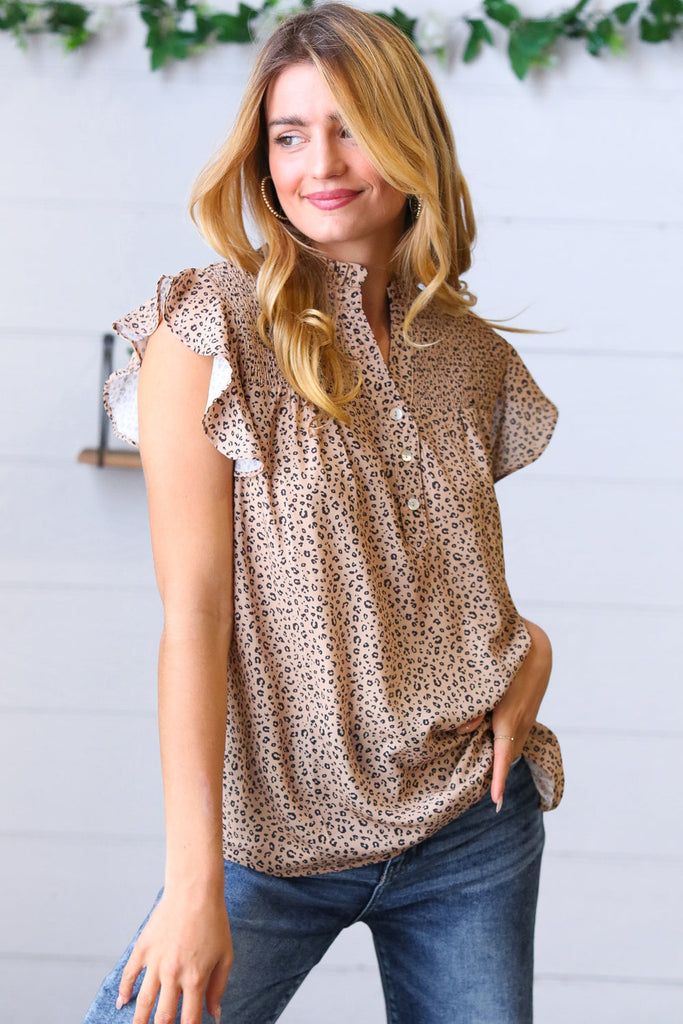 Taupe Animal Print Smocked Button Down Top-Timber Brooke Boutique, Online Women's Fashion Boutique in Amarillo, Texas