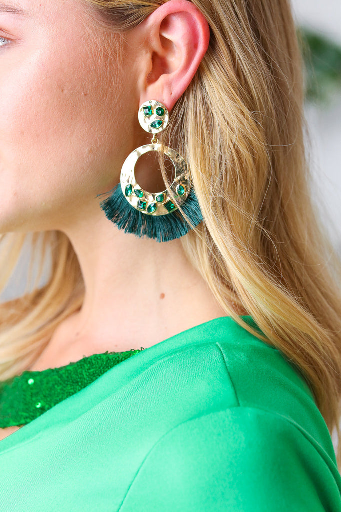 Emerald Boho Rhinestone Tassel Gold Drop Earrings-Timber Brooke Boutique, Online Women's Fashion Boutique in Amarillo, Texas