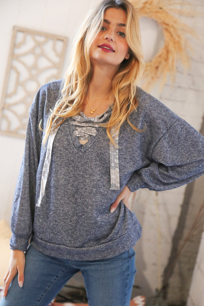 Blue Cotton Terry Floral Lace Up Bubble Sleeve Pullover-Timber Brooke Boutique, Online Women's Fashion Boutique in Amarillo, Texas