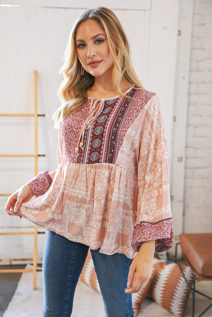 Berry Ethnic Floral Front Beaded Tie Peasant Woven Blouse-Timber Brooke Boutique, Online Women's Fashion Boutique in Amarillo, Texas