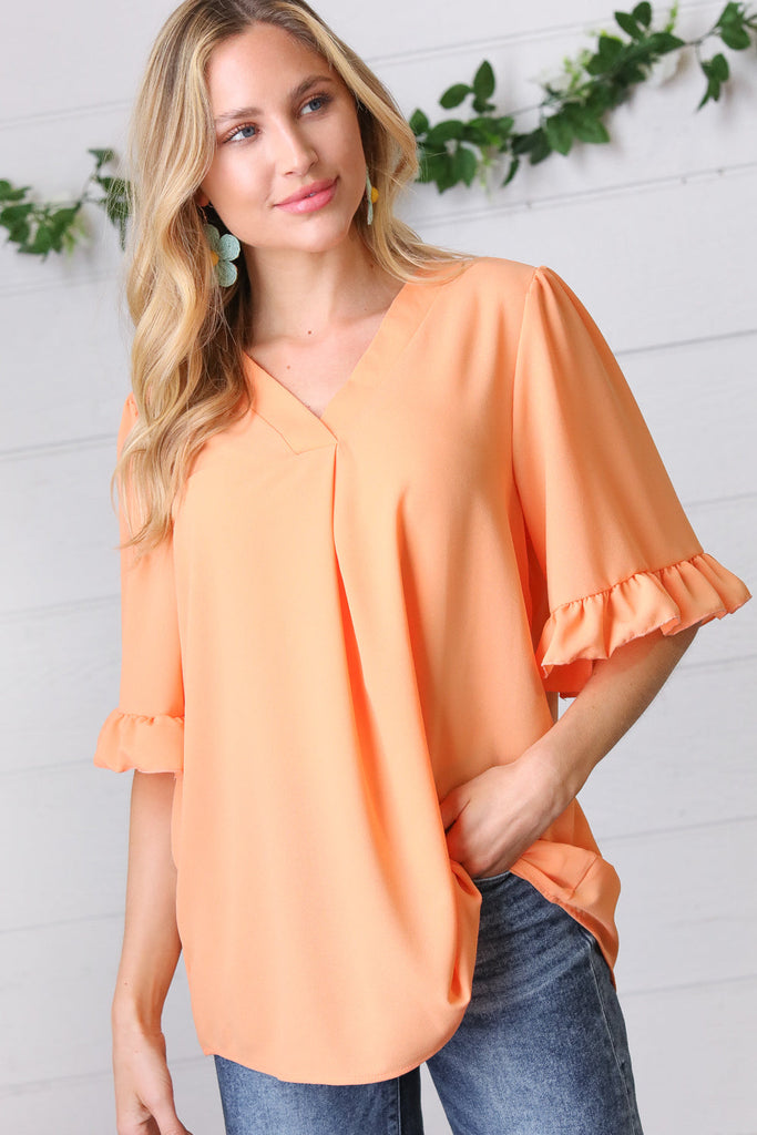 Peach Bell Sleeve V Neck Crepe Top-Timber Brooke Boutique, Online Women's Fashion Boutique in Amarillo, Texas