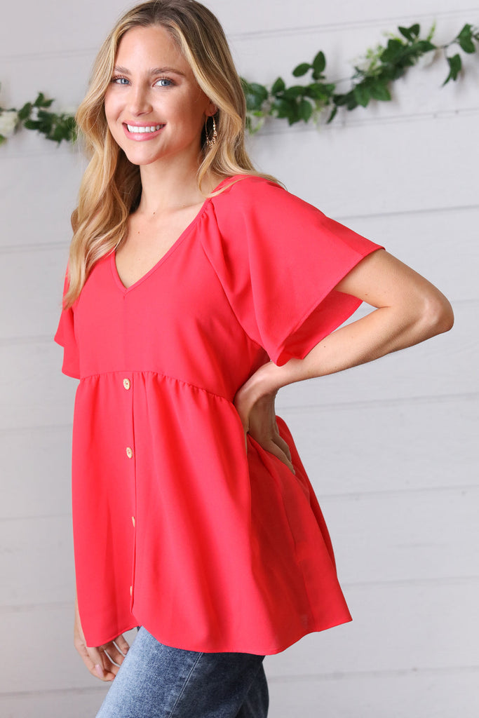 Cherry Red Babydoll Button Down Raglan Woven Top-Timber Brooke Boutique, Online Women's Fashion Boutique in Amarillo, Texas