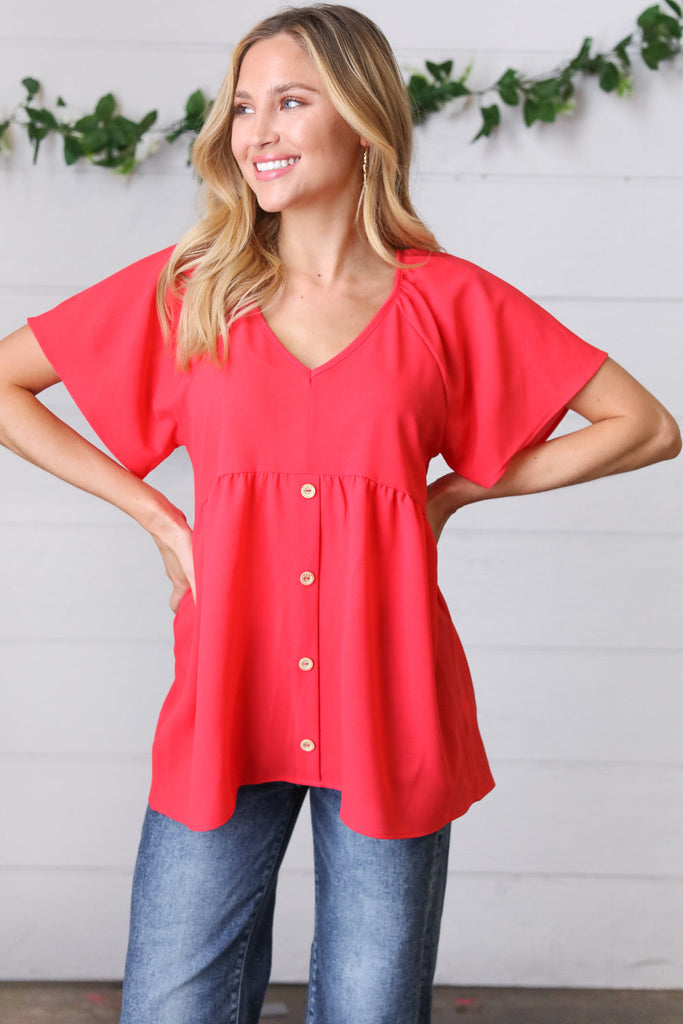 Cherry Red Babydoll Button Down Raglan Woven Top-Timber Brooke Boutique, Online Women's Fashion Boutique in Amarillo, Texas