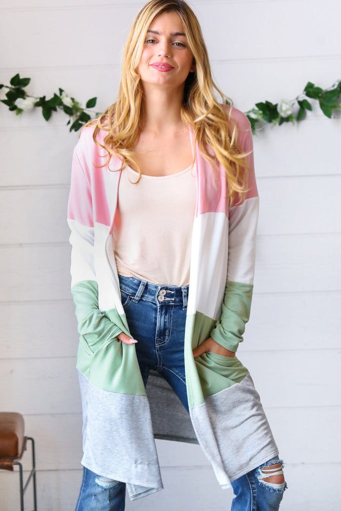 Sage Wide Stripe Terry Color Block Open Cardigan-Timber Brooke Boutique, Online Women's Fashion Boutique in Amarillo, Texas