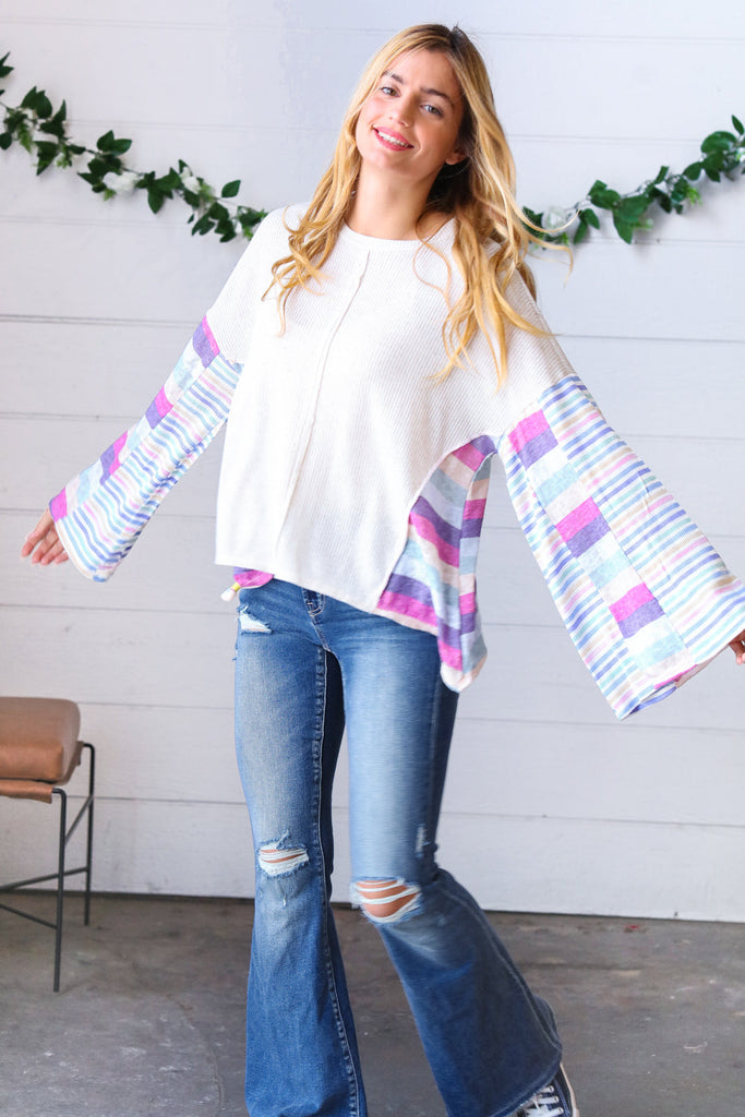 Ivory Slub Rib Thermal Multicolor Stripe Bell Sleeve Top-Timber Brooke Boutique, Online Women's Fashion Boutique in Amarillo, Texas