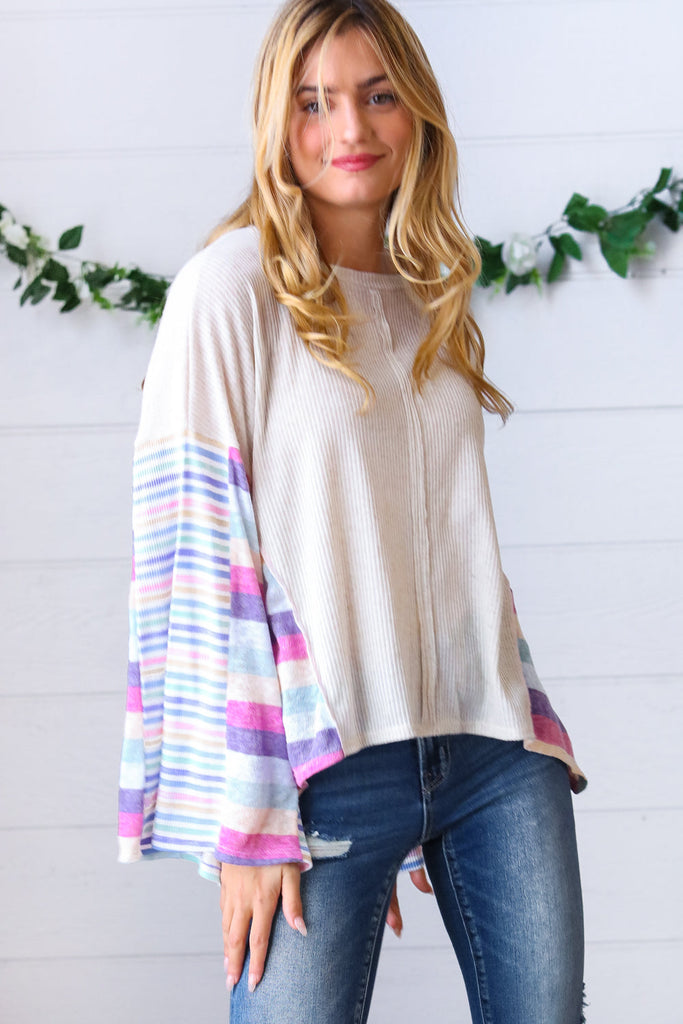 Ivory Slub Rib Thermal Multicolor Stripe Bell Sleeve Top-Timber Brooke Boutique, Online Women's Fashion Boutique in Amarillo, Texas