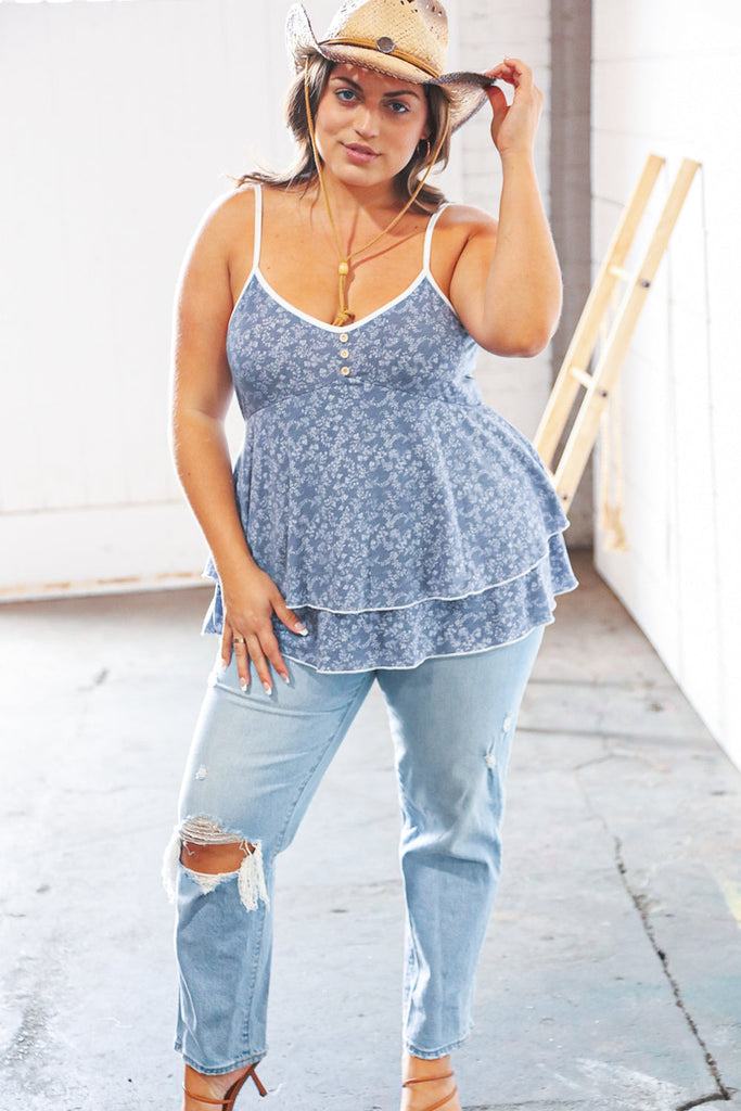 Blue V Neck Babydoll Button Detail Ruffle Top-Apparel & Accessories-Timber Brooke Boutique, Online Women's Fashion Boutique in Amarillo, Texas