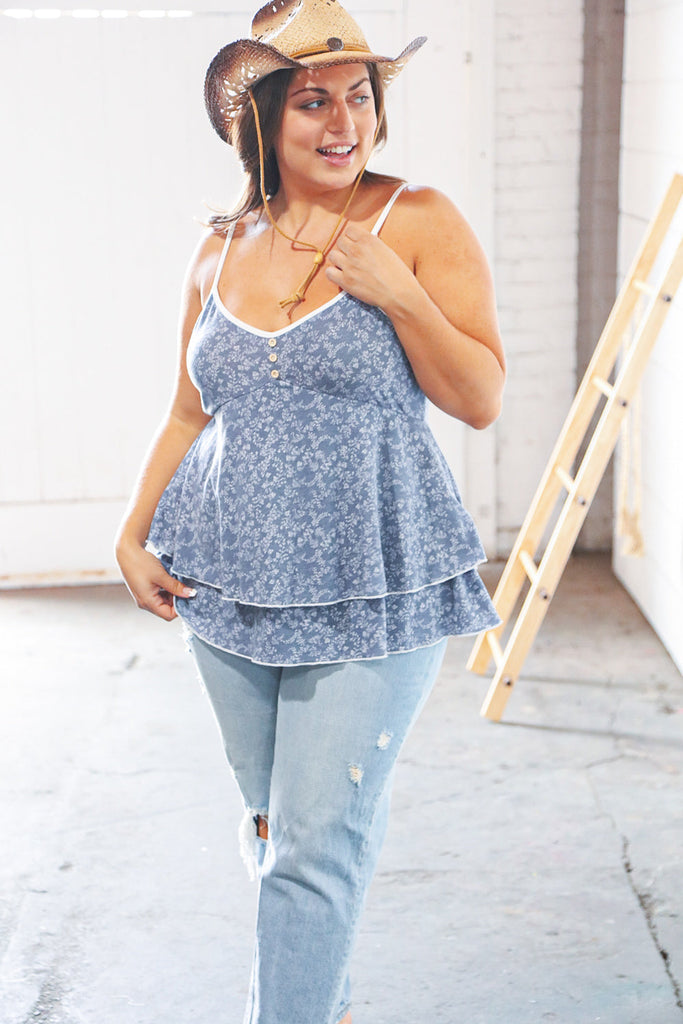 Blue V Neck Babydoll Button Detail Ruffle Top-Apparel & Accessories-Timber Brooke Boutique, Online Women's Fashion Boutique in Amarillo, Texas