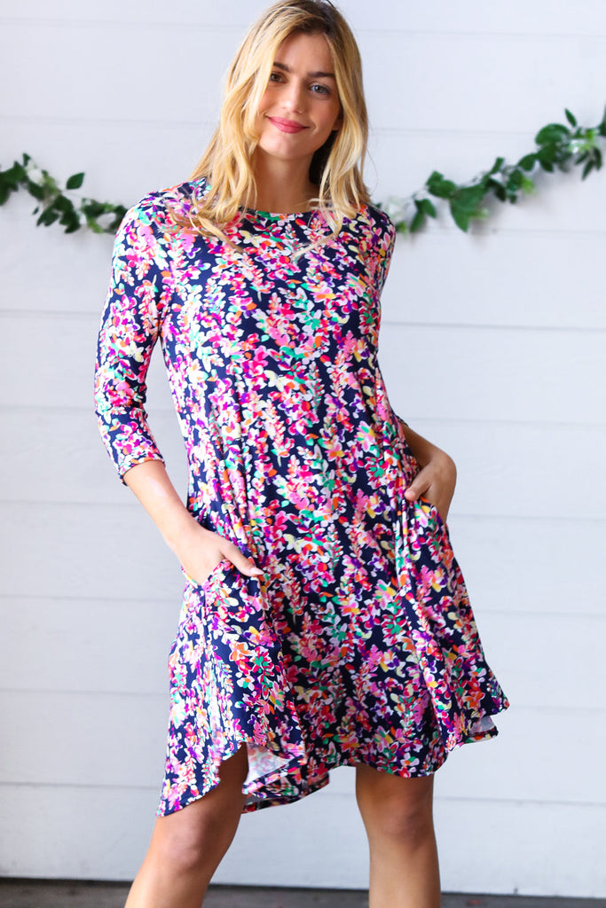 Navy Floral Flare Midi Dress-Timber Brooke Boutique, Online Women's Fashion Boutique in Amarillo, Texas
