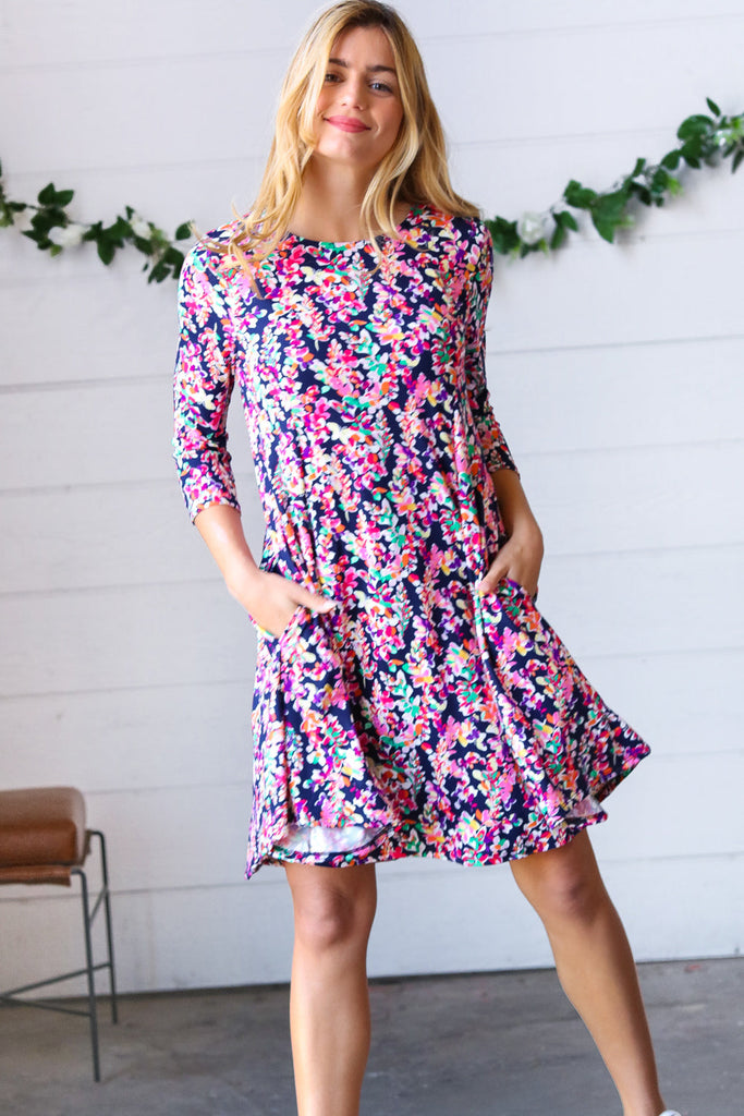 Navy Floral Flare Midi Dress-Timber Brooke Boutique, Online Women's Fashion Boutique in Amarillo, Texas