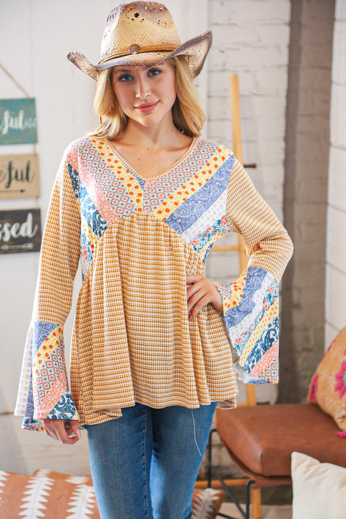 Mustard Ethnic Stripe Two Tone Bell Sleeve Knit Top-Timber Brooke Boutique, Online Women's Fashion Boutique in Amarillo, Texas