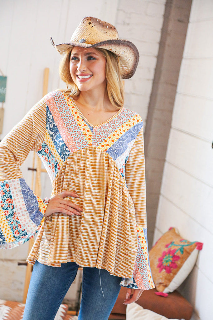 Mustard Ethnic Stripe Two Tone Bell Sleeve Knit Top-Timber Brooke Boutique, Online Women's Fashion Boutique in Amarillo, Texas