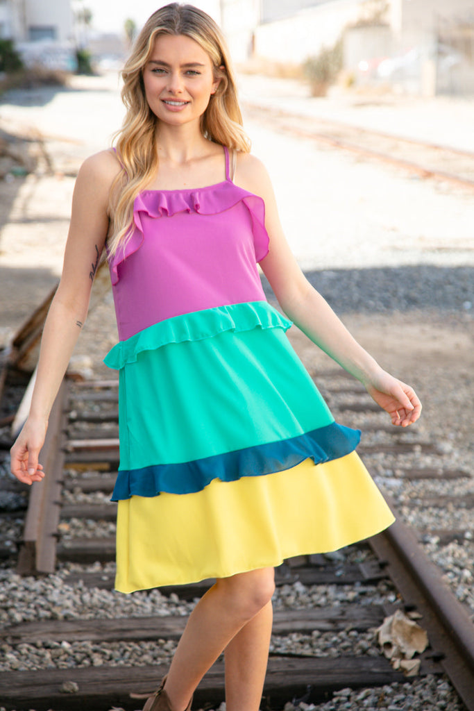 Fuchsia Shoulder Strap Color Block Tiered Ruffle Dress-Dresses-Timber Brooke Boutique, Online Women's Fashion Boutique in Amarillo, Texas