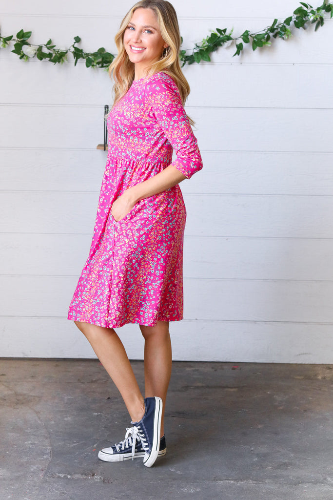 Fuchsia Fit & Flare Midi Pocketed Dress-Timber Brooke Boutique, Online Women's Fashion Boutique in Amarillo, Texas