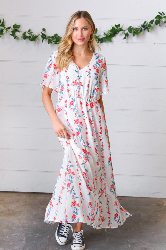 Red/Blue Floral Swiss Dot Chiffon Foil Maxi Dress-Timber Brooke Boutique, Online Women's Fashion Boutique in Amarillo, Texas