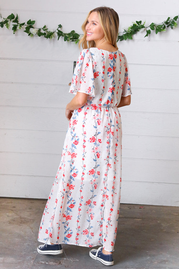 Red/Blue Floral Swiss Dot Chiffon Foil Maxi Dress-Timber Brooke Boutique, Online Women's Fashion Boutique in Amarillo, Texas