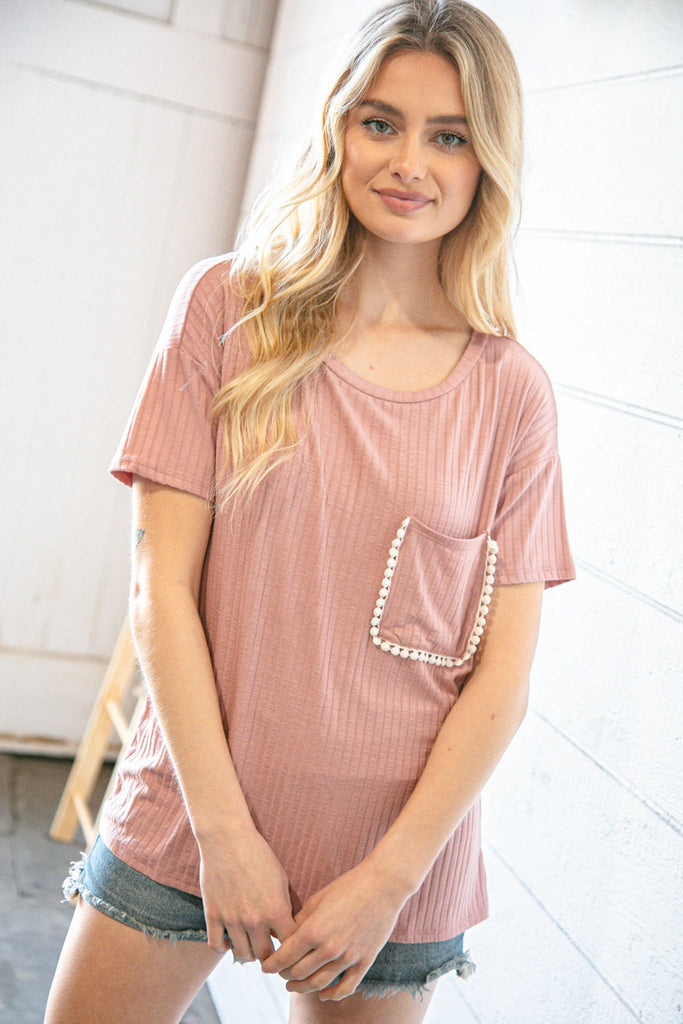 Rose Loose Fit Rib Knit Lace Edge Front Pocket Top-Timber Brooke Boutique, Online Women's Fashion Boutique in Amarillo, Texas