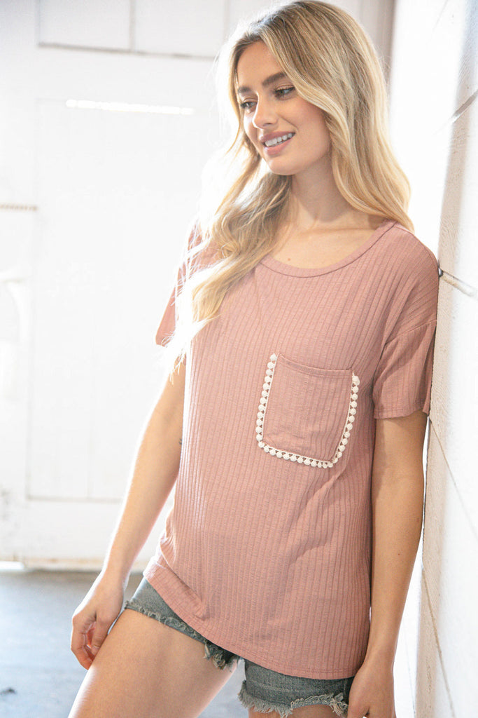 Rose Loose Fit Rib Knit Lace Edge Front Pocket Top-Timber Brooke Boutique, Online Women's Fashion Boutique in Amarillo, Texas
