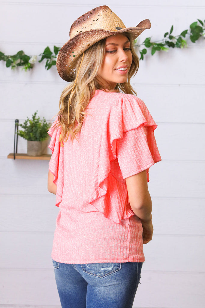 Coral Double Ruffle Sleeve Two Tone Top-Timber Brooke Boutique, Online Women's Fashion Boutique in Amarillo, Texas