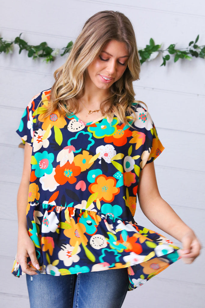 Navy & Green Geo Floral Babydoll Woven Top-Timber Brooke Boutique, Online Women's Fashion Boutique in Amarillo, Texas