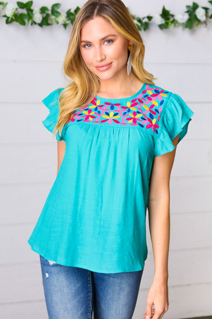 Turquoise Floral Embroidered Ruffle Sleeve Top-Timber Brooke Boutique, Online Women's Fashion Boutique in Amarillo, Texas
