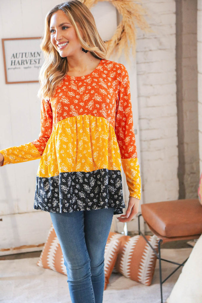 Sunflower Ditzy Floral Rib Color Block Babydoll Top-Timber Brooke Boutique, Online Women's Fashion Boutique in Amarillo, Texas