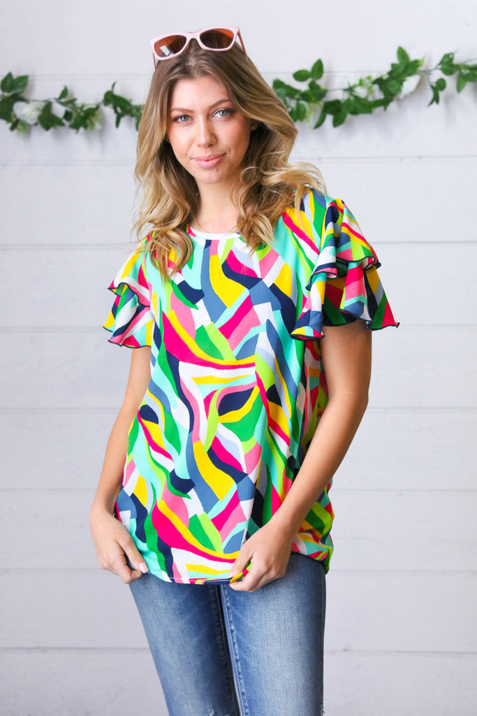 Geo Multicolor Print Flutter Sleeve Woven Top-Timber Brooke Boutique, Online Women's Fashion Boutique in Amarillo, Texas