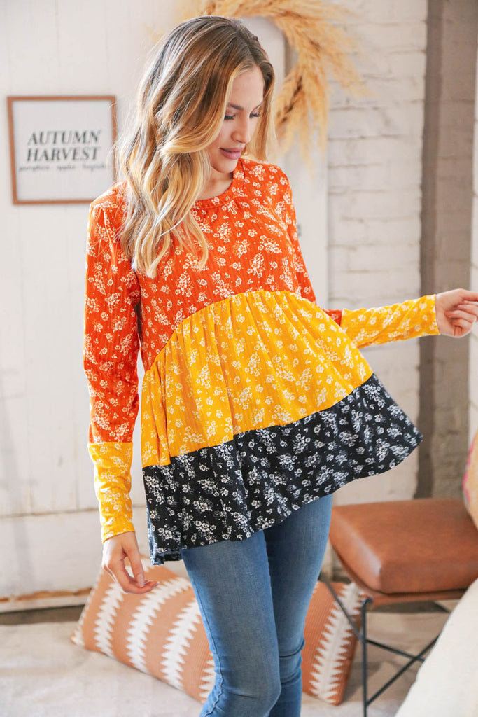 Sunflower Ditzy Floral Rib Color Block Babydoll Top-Timber Brooke Boutique, Online Women's Fashion Boutique in Amarillo, Texas