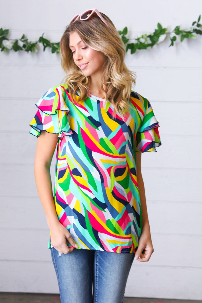 Geo Multicolor Print Flutter Sleeve Woven Top-Timber Brooke Boutique, Online Women's Fashion Boutique in Amarillo, Texas