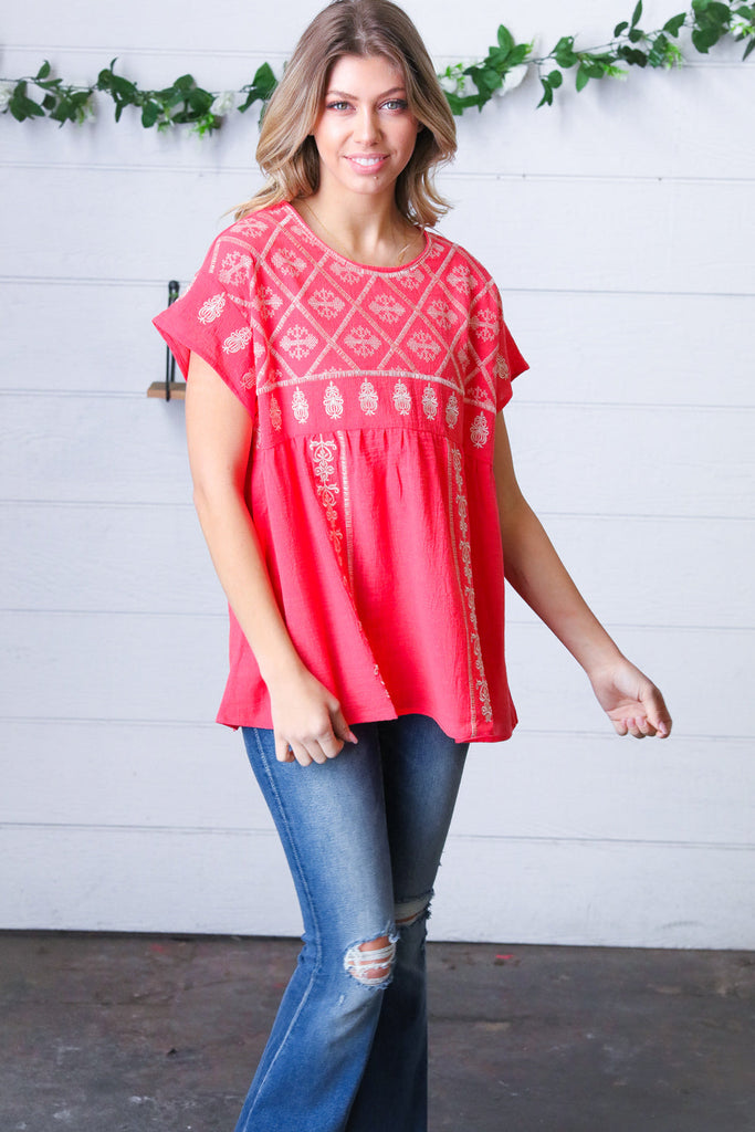 Coral Boho Embroidered Dolman Top-Timber Brooke Boutique, Online Women's Fashion Boutique in Amarillo, Texas