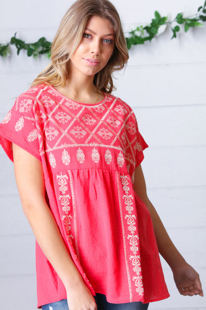 Coral Boho Embroidered Dolman Top-Timber Brooke Boutique, Online Women's Fashion Boutique in Amarillo, Texas